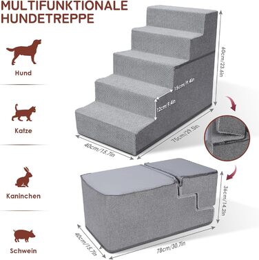 Dog stairs for small dogs, dog stairs, non-slip dog stairs with 5 steps, dog ramp bed washable, pet stairs made of high-density sponge, for injured & older dogs, cats