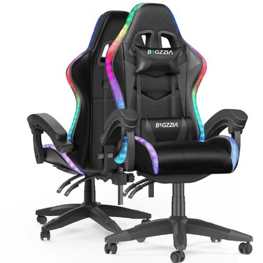 Геймерське крісло Bigzzia з RGB підсвіткою, ергономічне для ПК, з підголівником, чорне