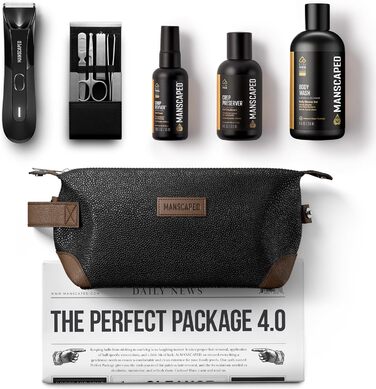 Набір Perfect Package 4.0 від MANSCAPED®: тример для тіла The Lawn Mower® 4.0, лосьйон та гель для душу, тонер для тіла, набір для догляду за нігтями, сумка та 3 підставки для гоління