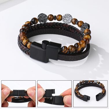Чоловічий браслет Dochais з нержавіючої сталі та натуральної шкіри з хрестом Ісуса Христа, плетіння з натурального каменю, магнітна застібка, аксесуар для чоловіків (колір: коричневий, розмір: 19 см)