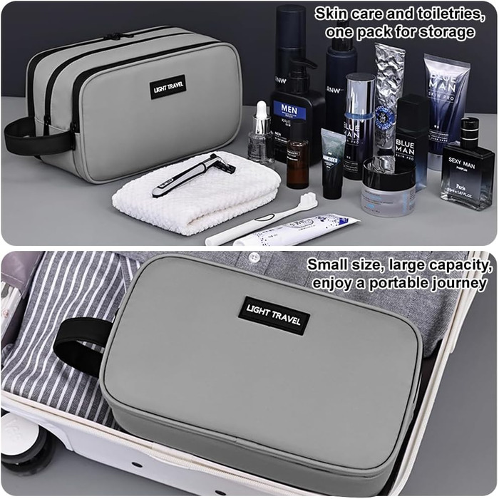 Чоловіча косметичка-органайзер, водонепроникна з PU-шкіри, сіра. Двошарова туалетна сумка для подорожей