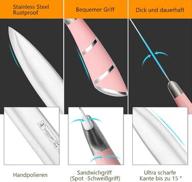 Набір кухонних ножів Justup 9шт з обертовим блоком, рожевий. Набір ножів з нержавіючої сталі з антипригарним покриттям, з точилкою для кухні.