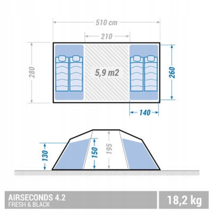 Надувний кемпінговий намет Quechua Air Seconds 4.2 F&B на 4 особи, 2 спальні