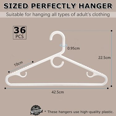 Amber Home 36-Piece 42.5cm Plastic Clothes Hangers, White Plastic Non-Slip Clothes Hangers for Coat, Jacket, and Shirt, Thick and Strong Plastic Clothes Hangers with Hooks for Scarves and Belts