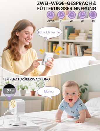 Дитячий відеоняня OBVHNUA з камерою 720p IPS, 2.8' екраном, акумулятором 2000mAh, цифровим зумом, функцією VOX, двостороннім аудіо, нічним баченням, контролем температури та колисковою