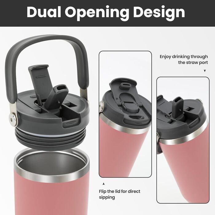 Термокружка-пляшка Riley Joy 2.0 з нержавіючої сталі 1л з трубочкою та ручкою - для кави, напоїв, в дорогу - рожева