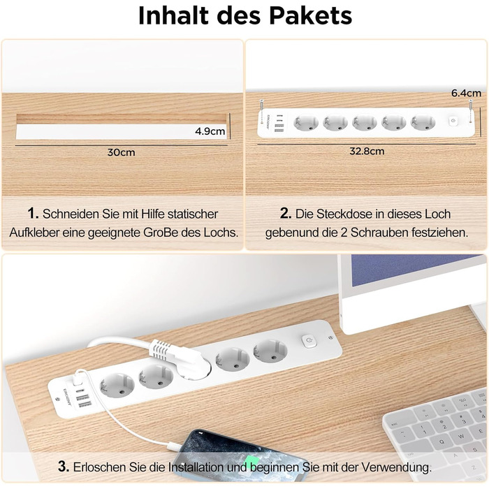 Мережевий адаптер з 2 USB-C (PD 20W) та 1 USB-A, 3 розетки з вимикачем, захист від перенапруги, кабель 1.5м (розподільник для столу)