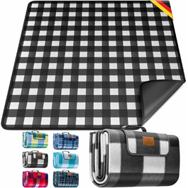 KESSER® Picnic Blanket Camping Blanket XXL 200 x 200 cm - Warm Insulated with Waterproof Bottom, Carrying Handle, Foldable Beach Blanket, Picnic Blankets for 4-6 People, Washable Picnic Blanket (Black / White)