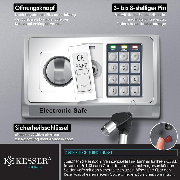 Електронний сейф KESSER® настінний, 31x20x20 см, з подвійним замком, LED підсвіткою, сталевий (срібний, XL)