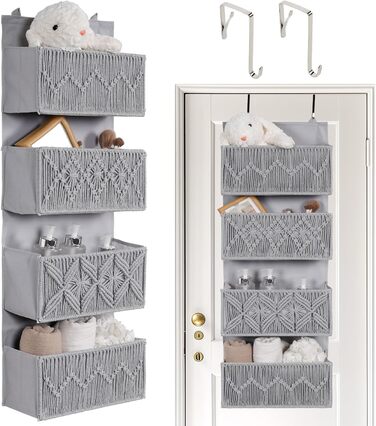 Органайзер для дверей з 4 кишенями, Бохо декор, настінна полиця-органайзер з 2 гачками, для спальні, дитячої кімнати, ванної (4 кишені-сірий)