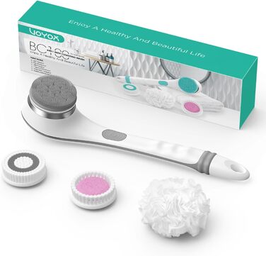 VOYOR Back Brush Shower Brush Body Brush Electric Back Brush Long Handle Waterproof Rechargeable with 4 Cleaning Heads for Spa Shower Exfoliating Massage Brush BC100 (Gray)