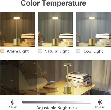 LED лампа Hapfish настільна бездротова, акумуляторна, 5000mAh, сенсорне керування, регулювання яскравості, з батареєю, алюміній, 3 колірні температури, для вулиці, нічника, столу, робочого столу – (2 шт. бронза)