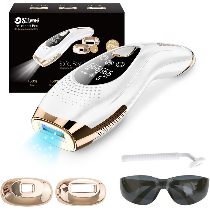 Пристрій для епіляції IPL з охолодженням 6°C, безболісна епіляція для тіла та обличчя, 999,900 імпульсів, 9 рівнів потужності, білий