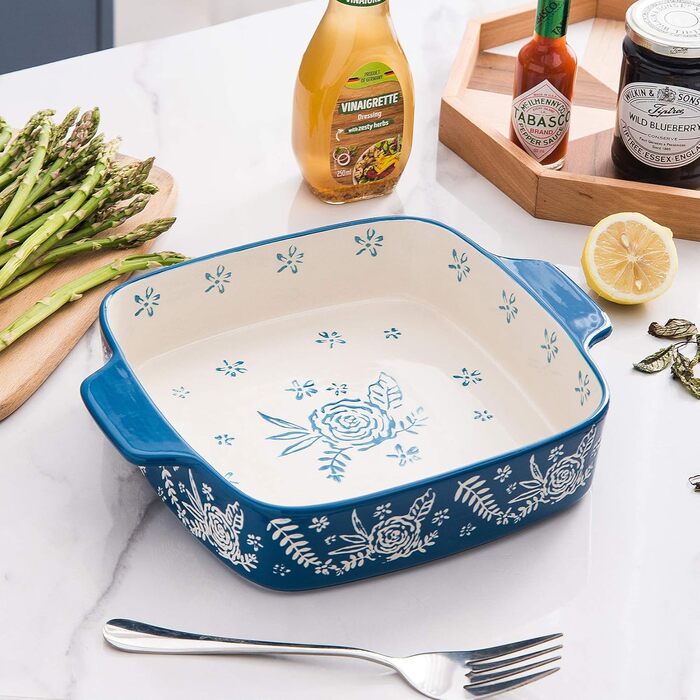 Wisenvoy Backform Ceramic Brownie Pan 9x9 Baking Dish Casserole Dish Lasagna Pan Square Rose Dish Pan Bakeware Sets Blue
