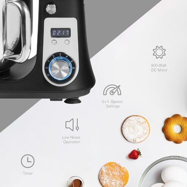 Кухонна машина Bestron Super Silent (65db) з DC-двигуном, 6 літрів, з набором насадок (крюк, вінчик, гак для тіста), 6 швидкостей + Pulse, матова чорна