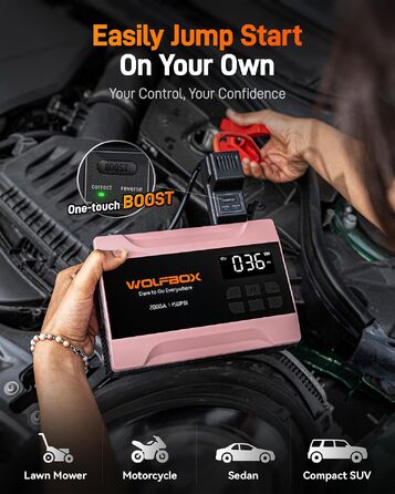 Пусковий пристрій WOLFBOX 2000A з компресором для авто, портативний бустер акумулятора 37 Вт-год (до 5л бензин), 12В набір з насосом 150 PSI, пусковими кабелями та LED-ліхтарем