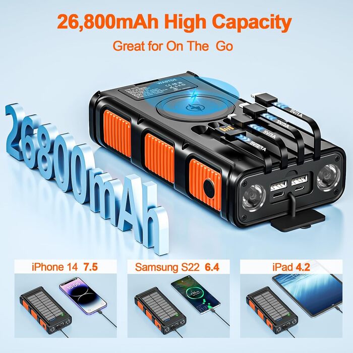 Портативний зарядний пристрій Powerbank 26800 mAh з сонячною панеллю та ручкою, 4 кабелі, USB-C, швидка зарядка, 7 виходів, 4 входи, для мобільного телефону, водонепроникний, зовнішній акумулятор для кемпінгу, оранжевий