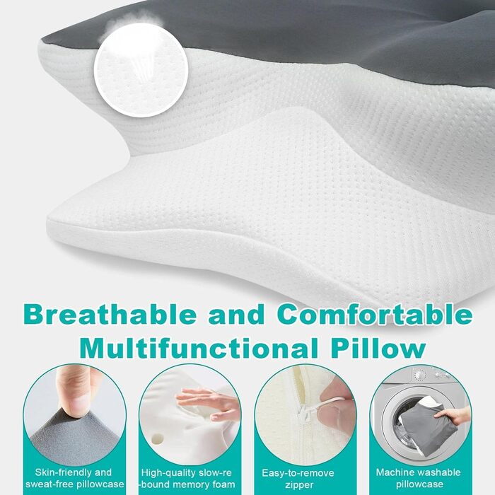 Ортопедична подушка Omtofo з піною з пам'яті для шиї, спини та сну на животі, 63 x 42.5 x 13.8/9 см