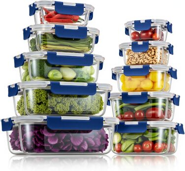 Набір скляних контейнерів для зберігання їжі з кришками з преміум-пластику, 10 шт., блакитні