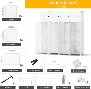 HOMIDEC Wardrobe, Portable Shelving System, 20 Cube Closet Made of Plastic with 2 Clothes Rails, Bedroom Wardrobe Closet White for Bedroom, 180 x 142 x 45cm (16 cube, All White)