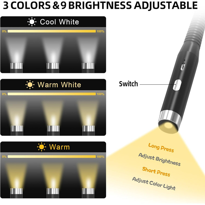 Ліхтарик на шию LED для читання, гнучкий, з USB зарядкою, 3 кольори світла, захист очей для дорослих та дітей, чорний