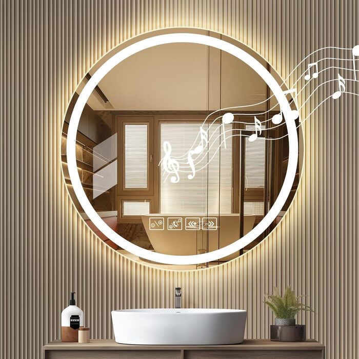 Круглий дзеркало для ванної кімнати з LED-підсвічуванням, 60 см, з функцією проти запотівання, сенсорним перемикачем та Bluetooth, регульована яскравість, 3000K/4000K/6500K, HD-загартоване скло, 600*600 мм