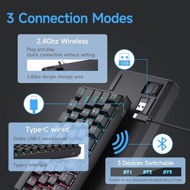 Ігрова клавіатура TMKB T63 з механічними клавішами Blue Switch, Bluetooth/2.4G/Кабель, чорна