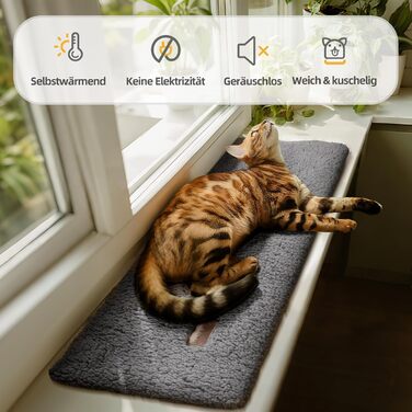 Самогріюча лежанка для котів на підвіконня, м'яка та неслизька, 90 x 28 см, сірий колір