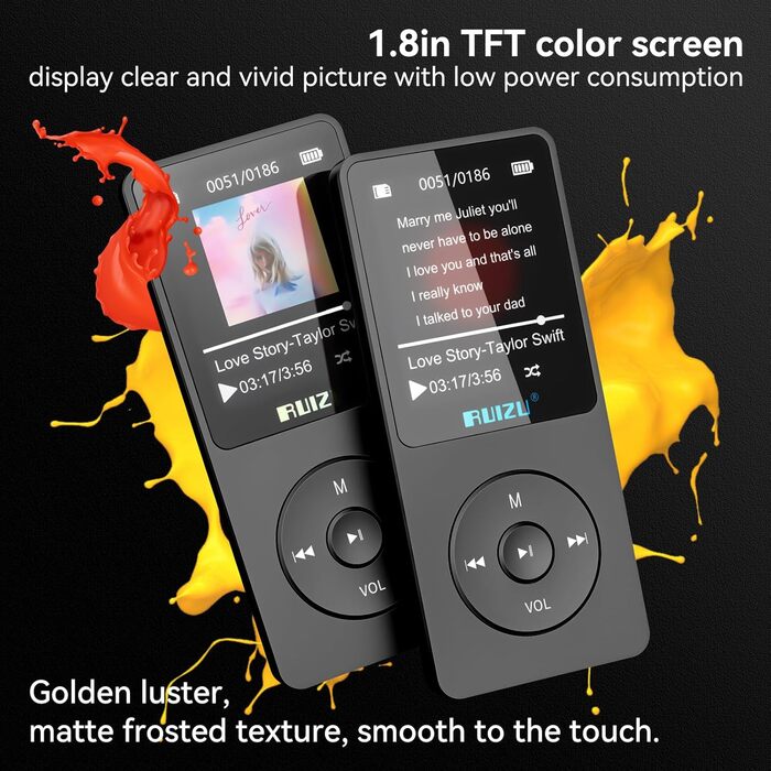 MP3 плеєр 64GB з Bluetooth 5.3, легкий (30г), до 80 годин роботи, 1.8