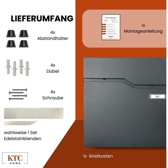 Поштова скринька KTC Home Premium Postlux 4.0 Anthrazit з табличкою для імені - стійка до УФ-випромінювання та погодних умов, порошкове покриття