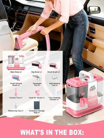 Портативний мийник для м'яких меблів 600W, 16Kpa, з розчином 500мл та 5 насадками. Для диванів, килимів, авто та сходин. Легкий та компактний, рожевий колір