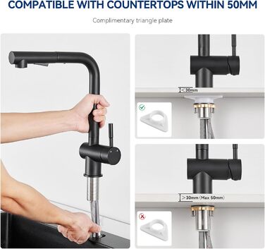 Кран кухонний CECIPA Hochdruck, висувна насадка, двосторонній струмінь, поворотний 360°, з нержавіючої сталі, чорний матовий, ×207B L-подібний, ×2