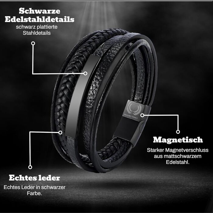Чоловічий шкіряний браслет Lederarmband з магнітним застібком, регульований (21.5-23 см, чорний)