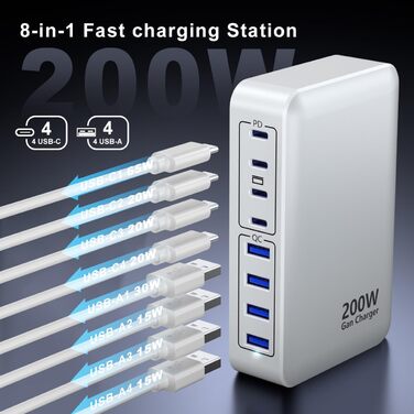 Зарядний пристрій USB-C 200W, 8 портів GaN, швидка зарядка, адаптер PD 65W для ноутбука MacBook/Dell/Steam Deck, iPhone 17/16/15/14, Galaxy S24/S23 (Білий)