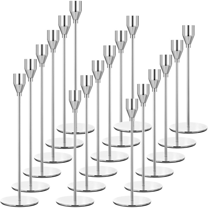 Set of 12 candle holders, French colored candlestick holders, suitable for 3/4 inch thick candles, high candle stand made of metal for wedding, home decoration, Candle-Light-Dinner (Silver, 18 pieces)