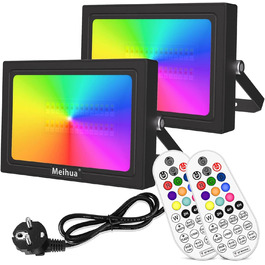 MEIHUA RGB LED Floodlights 2 Pack with Remote Control, IP66 Waterproof Outdoor Floodlight, 10 Colors, 12 Modes Color Changing, Dimmable, Indoor/Outdoor Floodlight with Timer and Memory Function for Garden, Tree, Landscape (35W)