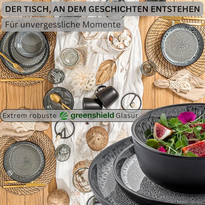 Набір посуду SÄNGER Sydney (18 предметів) | Сервіз на 6 осіб, тарілки, миски, десертні тарілки, темний сірий колір, стійкий до подряпин | VALUE COLLECTION