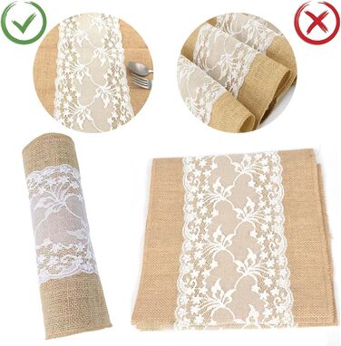 Jute Table Runner with Lace White 30CMx10M Jute Ribbon Rustic Burlap Lace Wedding for Festival Event Table Decoration Christmas Decoration Birthday (Jute and Lace)