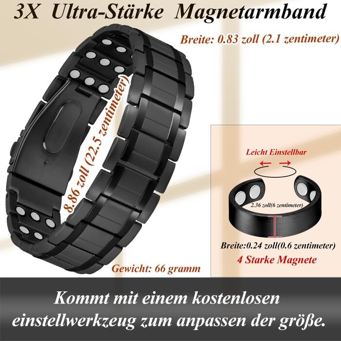 Браслет для лімфодренажу чоловічий з магнітами, титан, регульований, з інструментом для зняття та подарунковою коробкою (Чорний) 3 ряди, покращений чорний