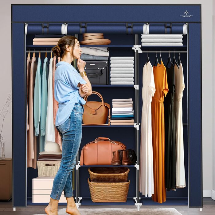 KESSER® Wardrobe Clothes Closet Stable with Clothes Rail & Shelves, Incl. 5x Clothes Hangers, Fabric Folding Closet for Bedroom, Dressing Room Wardrobe with Clothes Rack 150x45x175cm Navy Blue