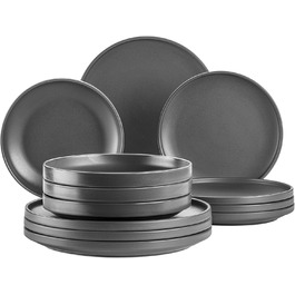 Набір тарілок MÄSER Serie Vada (12 шт.) - сучасний дизайн, шведська якість, для 4 осіб, порцелан, білий глянцевий/сірий матовий