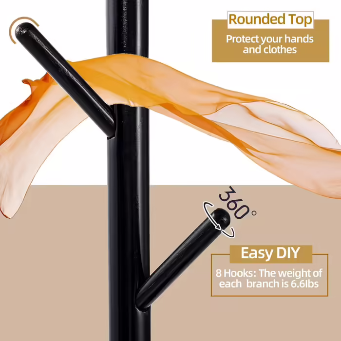 Yawinhe Coat Rack, Solid Wood Clothes Rack, Tree-Shaped Coat Stand with Anti-Slip Pad and Side Table, 8 Hooks, 3 Adjustable Heights, 182cm Height, for Entrances, Living Rooms, Black
