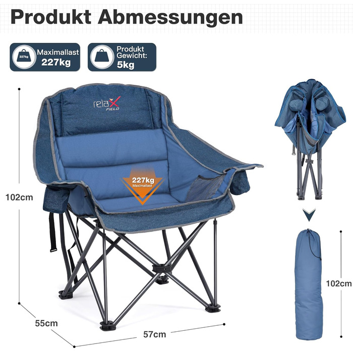Великий складаний стілець для кемпінгу RELAX FIELD, 227 кг, Navy Blue