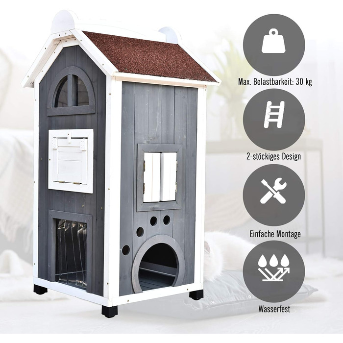 Будинок для котів PawHut на вулицю, 2-поверховий, з теневого дерева, сірий, 59 x 55 x 109 см