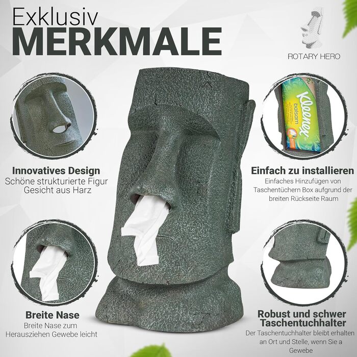 Rotary Hero Moai Tissue Box - Tissue Box with Moai Figure - Decorative Tissue Holder for Kitchen, Bathroom and Bedroom - 18 x 14.5 x 32 cm