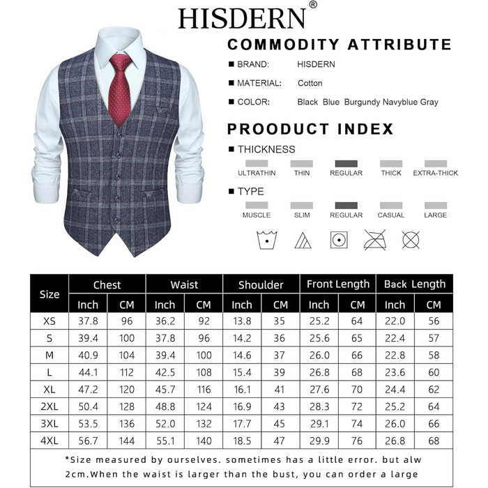 Чоловіча жилетка HISDERN в клітинку, формальна, класична, бавовна, для весілля, в клітку 'Галстук', під костюм, синього кольору