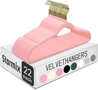 Набір з 22 велюрових плечиків для одягу Stormix, преміум-якість, для дорослих, антиковзаючі, ультратонкі, для сорочок та костюмів, рожеві гачки