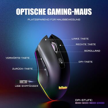 Бездротовий комплект клавіатури та миші RedThunder 75% QWERTZ RGB з підсвічуванням, для ПК Xbox PS5, чорний. Підтримка мультимедійних функцій та оптичний сенсор 7D.