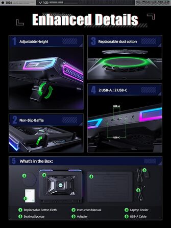 Підставка охолодження для ноутбука RGB з потужним вентилятором 4.72'', швидке охолодження для комп'ютерів 13-17,3'', керування клавішами, 3 регульовані підставки, 4-портовий USB C&A, чорний