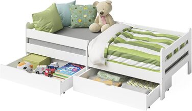 Bellabino Kinderbett Kuru 90x200 with 2 Drawers, Single Bed for Children incl. Fall Protection and Slatted Frame, White Children's Bed, Bed for Boys and Girls with Drawers White